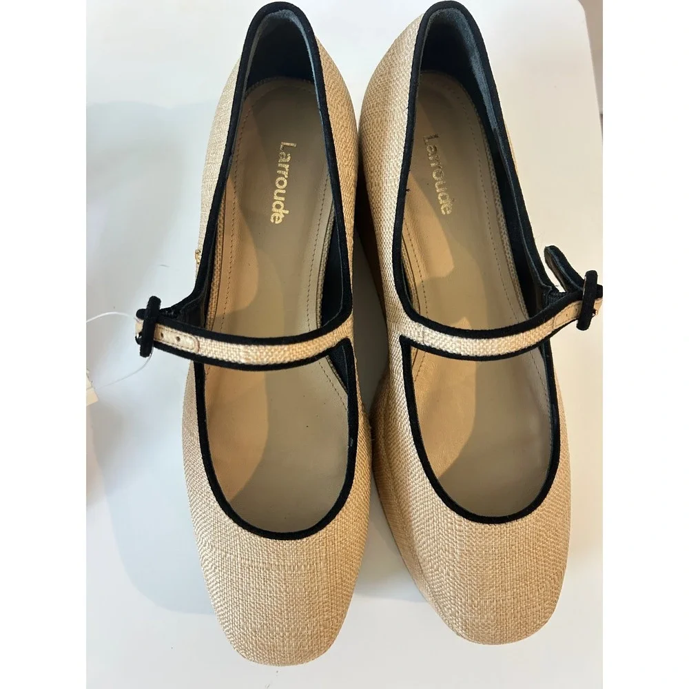 Larroude Brigitte Platform Mary Jane Raffia Natural Black Trim Shoes 8.5 NEW